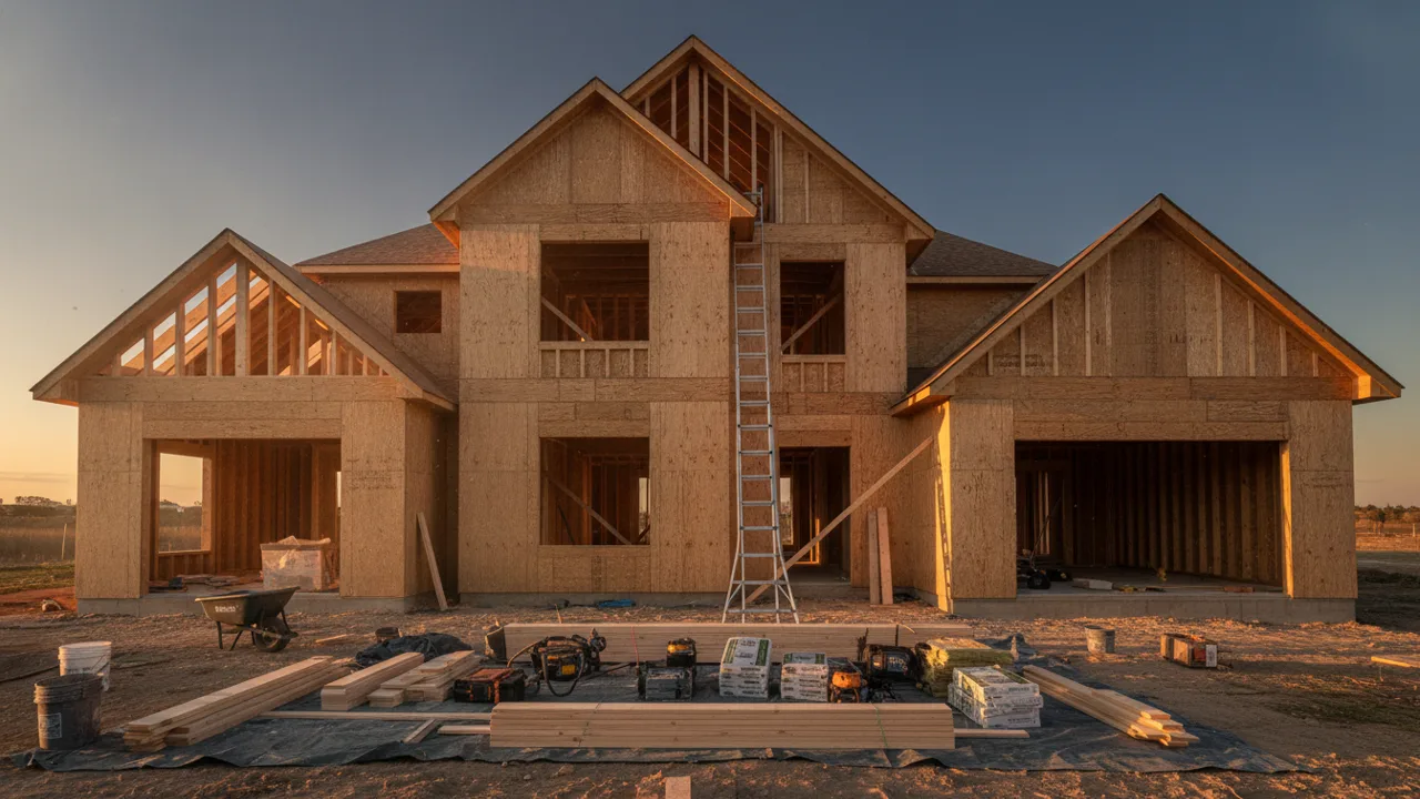 Home interior mid-renovation with exposed wall framing and stacked building materials, financed with a rehab loan