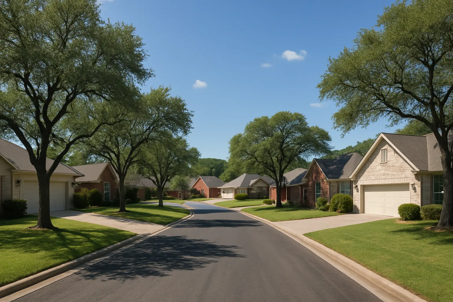 Central Texas residential neighborhood with mature oaks and open sky on gently rolling terrain